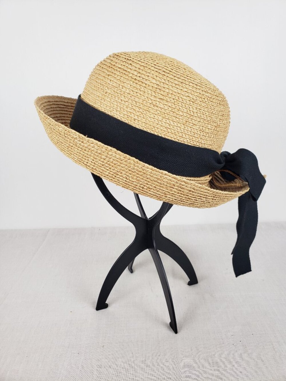 Helen Kaminski Newport Raffia Hat Natural Midnight Black Ribbon Womens OS